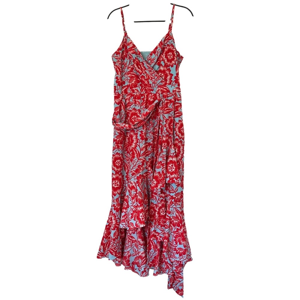 Eliza‎ J Floral Hi Lo Midi Dress 8 Red Blue Faux Wrap Ruffle Cocktail Resortwear